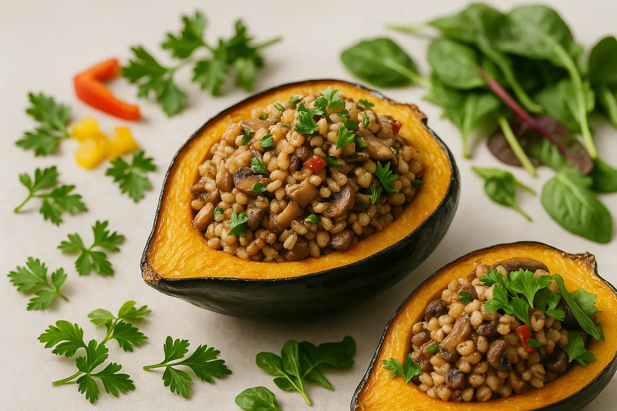 Calabaza rellena de champiñones y cebada