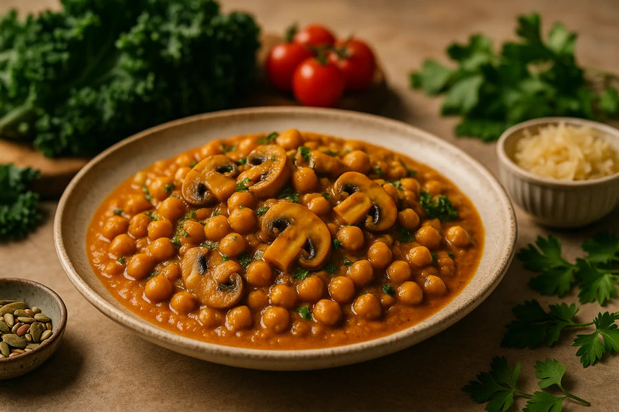 Curry de champiñones y garbanzos