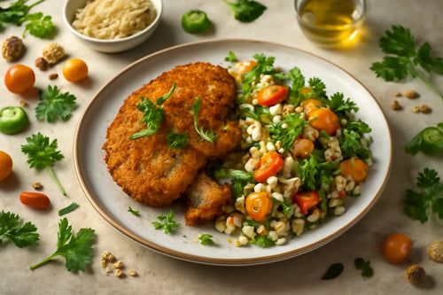 Mushroom schnitzel with barley salad