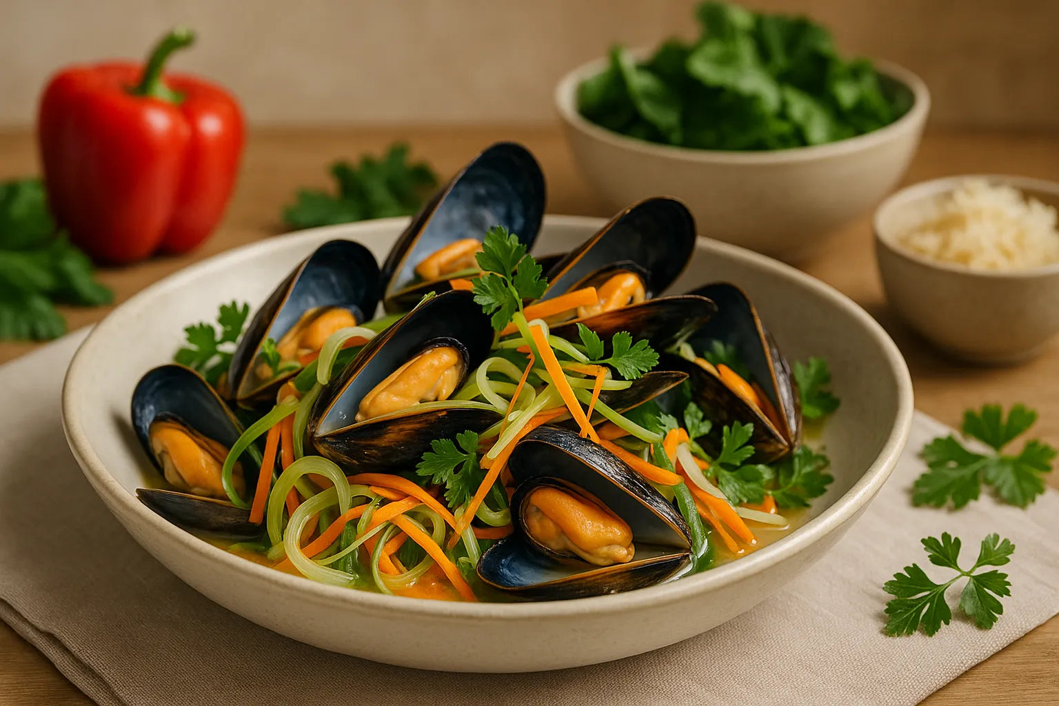 Mussels with leek and carrot