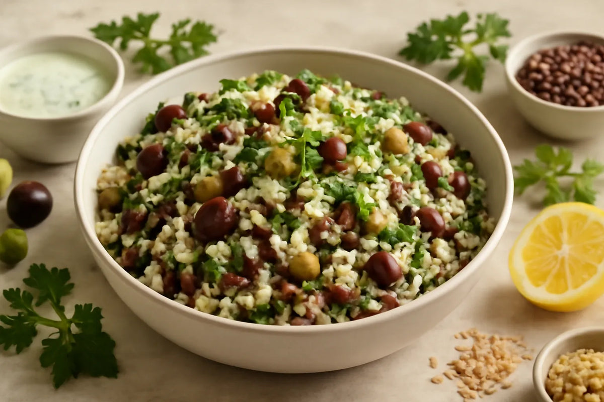 Insalata di riso integrale e fagioli azuki con olive e condimento alle erbe e kefir