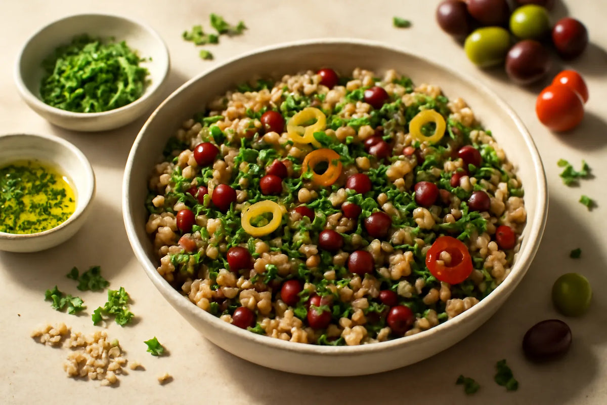 Olive Adzuki Bean Brown Rice Salad with Olive Oil Herb Dressing