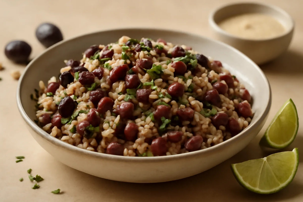 Olive Adzuki Bean Brown Rice Salad with Tahini Lime Dressing