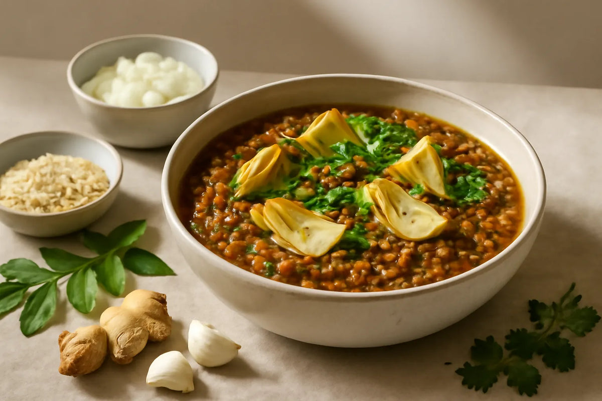 One-Pot Adzuki Bean Artichoke Kitchari with Curry Leaf