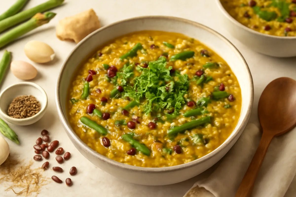 Kitchari di fagioli azuki e asparagi allo zenzero in una sola pentola