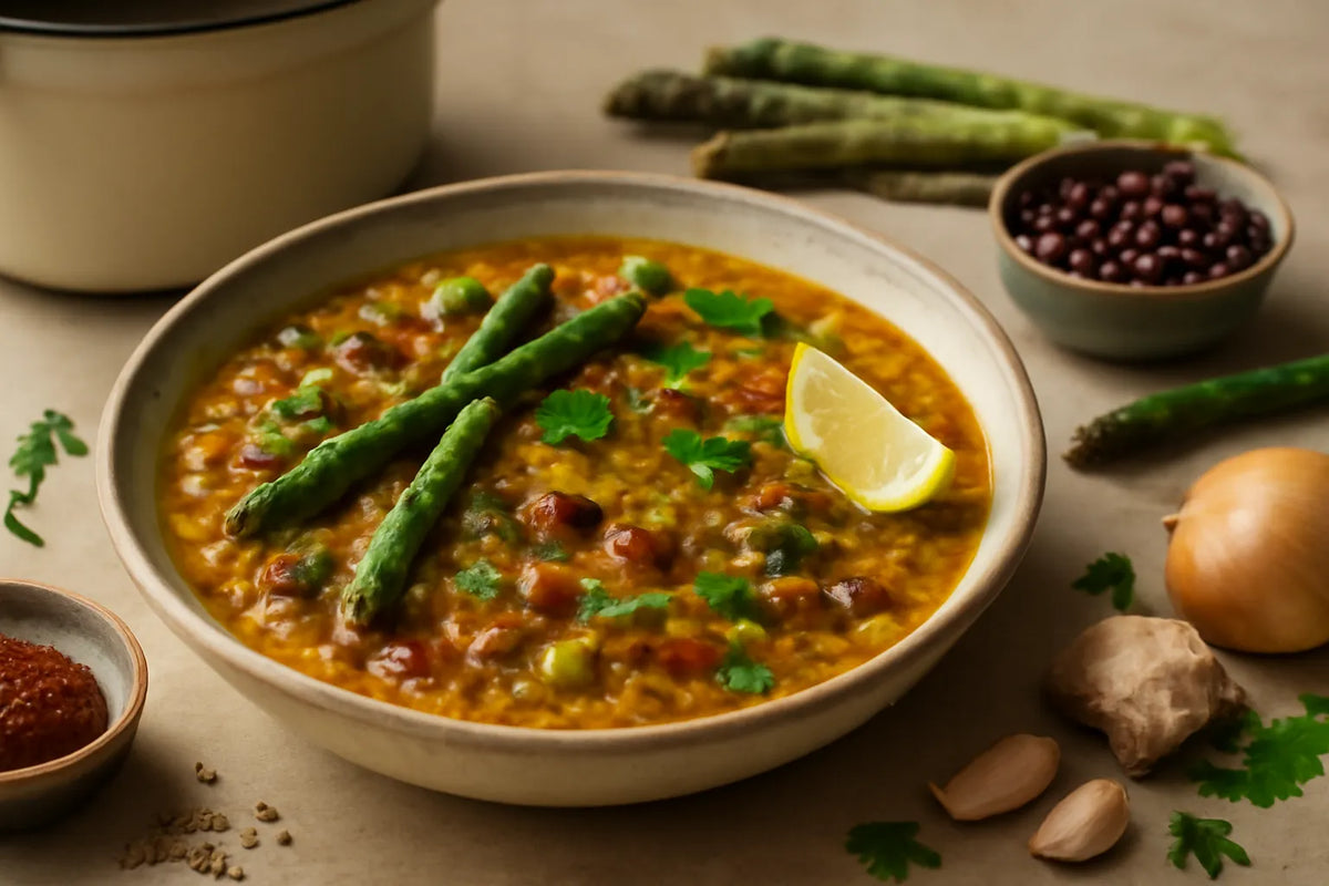 One-Pot Adzuki Bean Asparagus Kitchari with Harissa