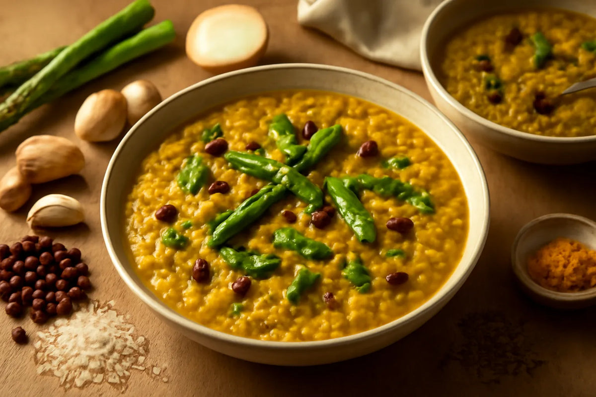 Kitchari aux haricots adzuki, aux asperges et au curcuma, en une seule casserole