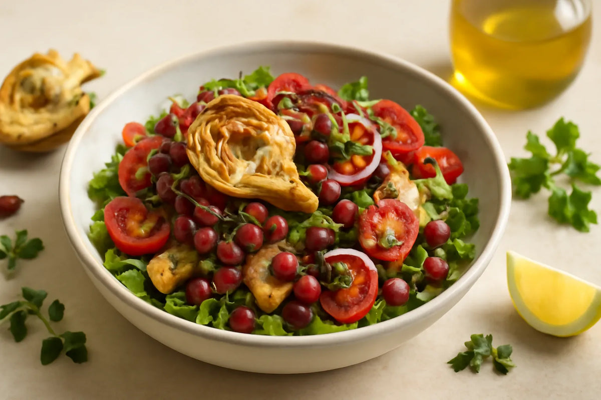 Insalata di fagioli azuki all'origano con carciofi abbrustoliti