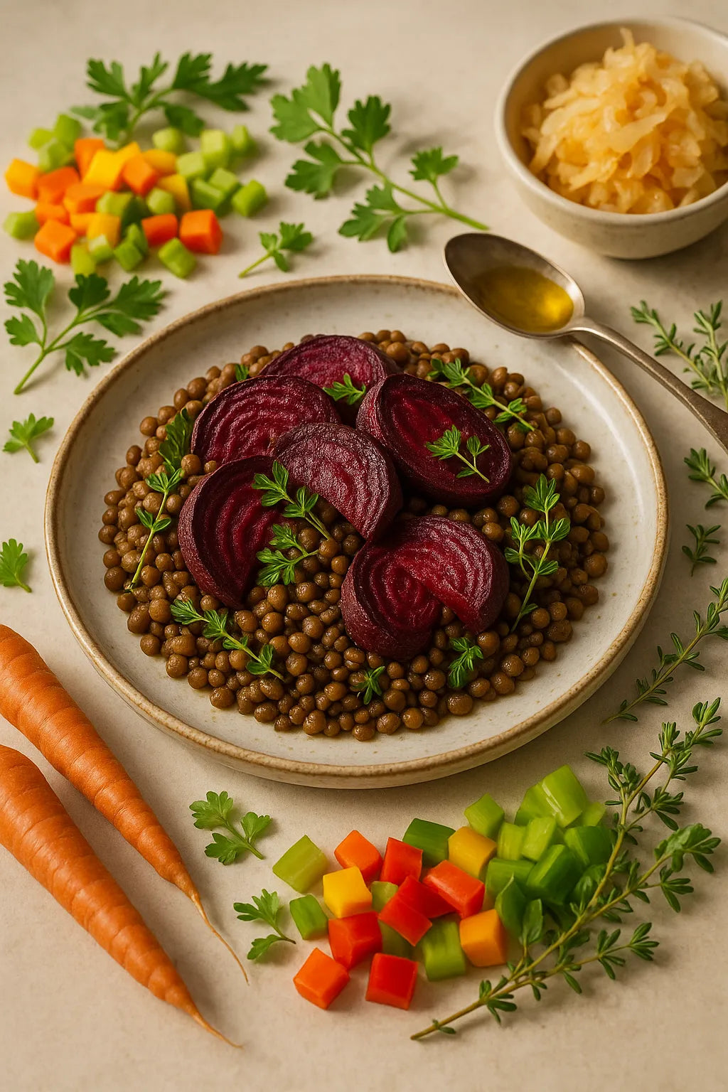 Oven-baked beetroot with lentils