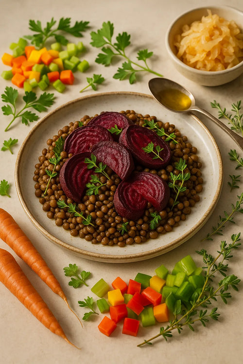 Oven-baked beetroot with lentils