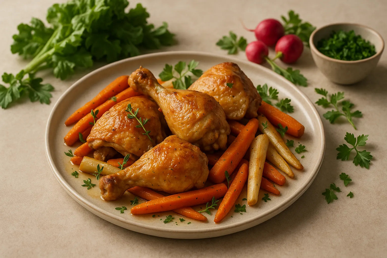 Oven-baked chicken with carrot and parsnip