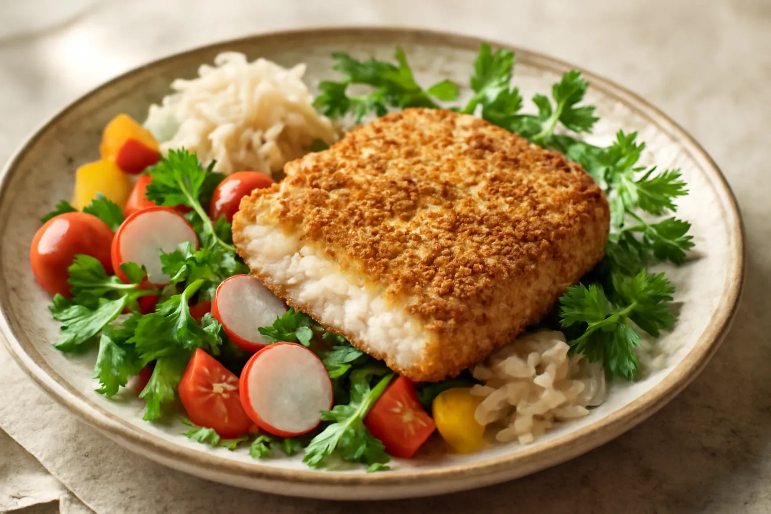 Oven-baked fish schnitzel