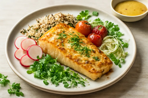 Oven-baked fish with mustard sauce