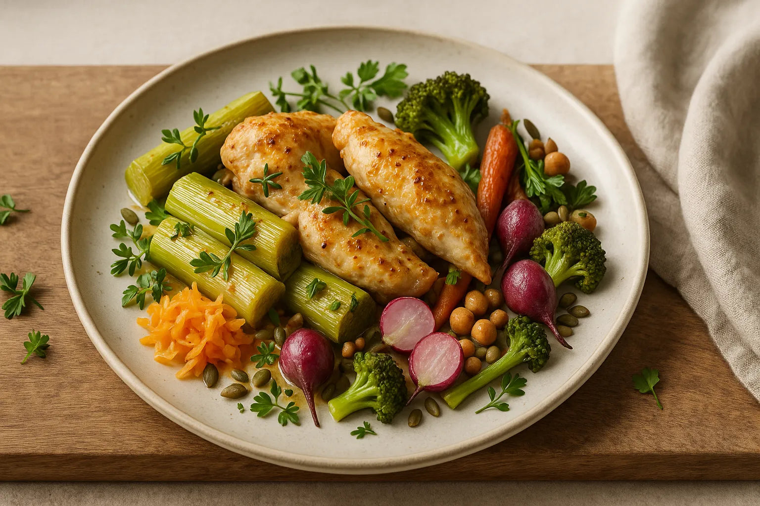 Oven-baked leek with mustard and chicken