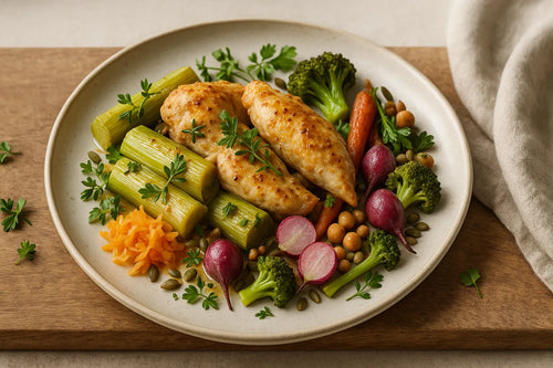 Oven-baked leek with mustard and chicken