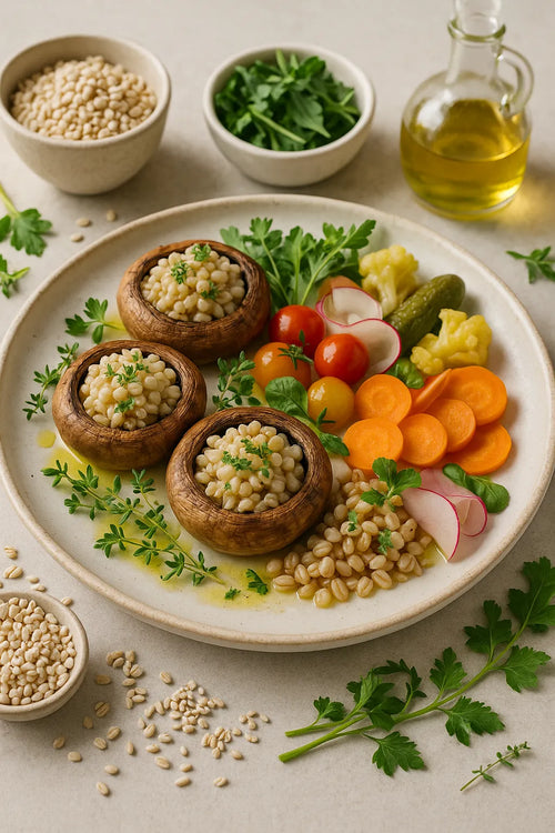 Oven-baked mushrooms with pearl barley