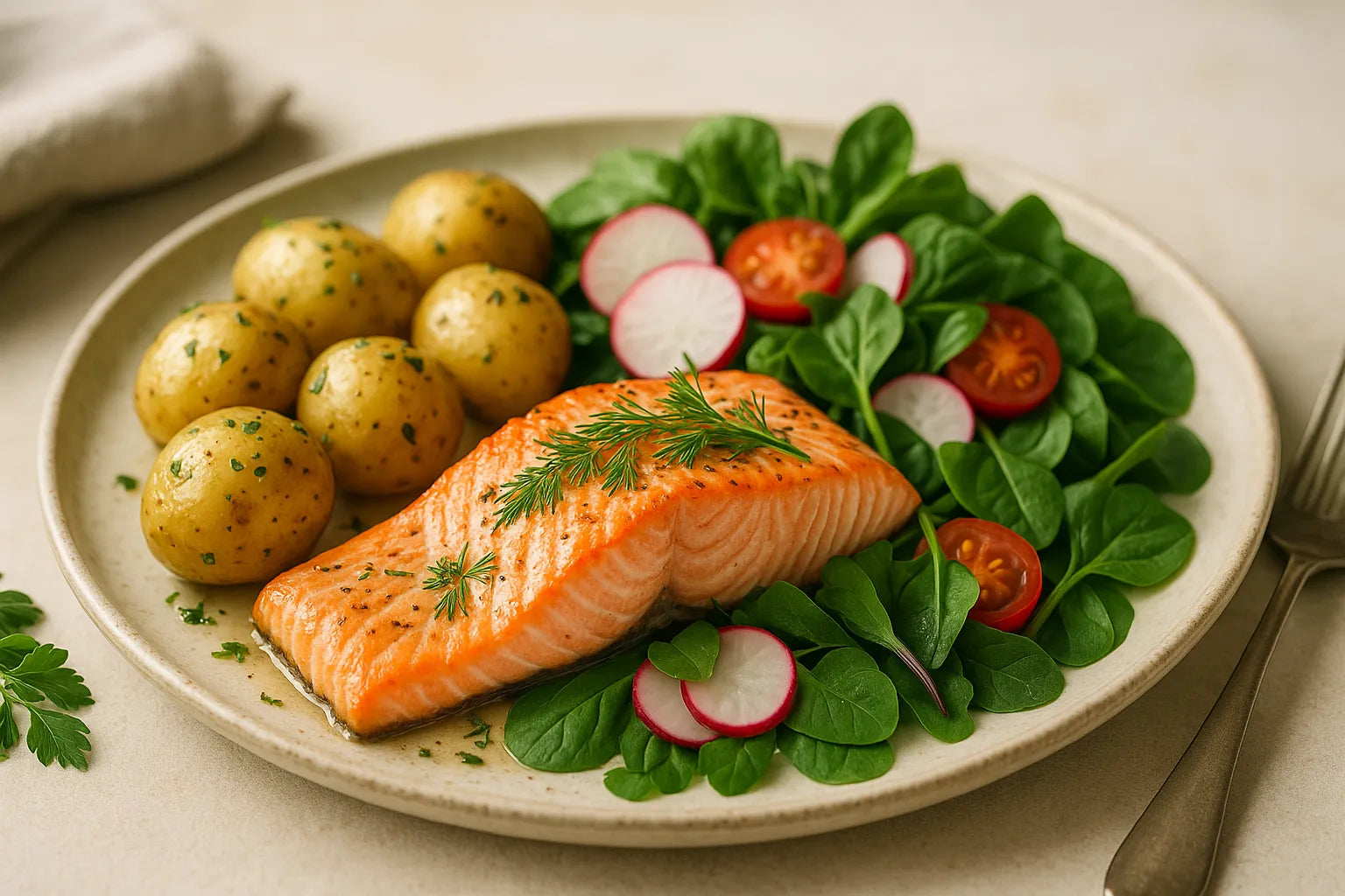 Oven-baked salmon with dill and baby potatoes