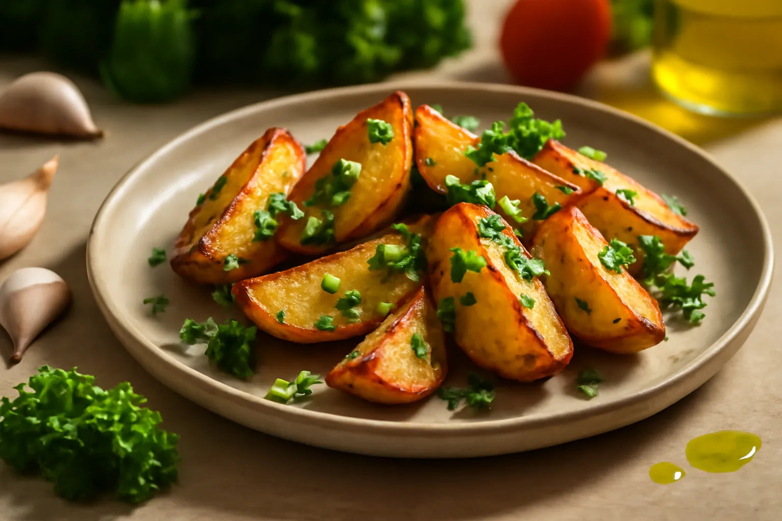 Aardappelen uit de oven met knoflook en peterselie