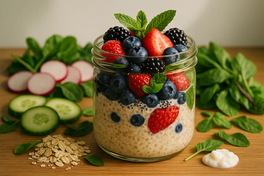 Avena remojada durante la noche con kéfir y frutos rojos