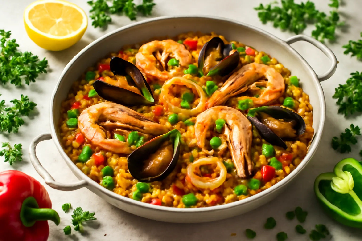 Paella met groenten en zeevruchten