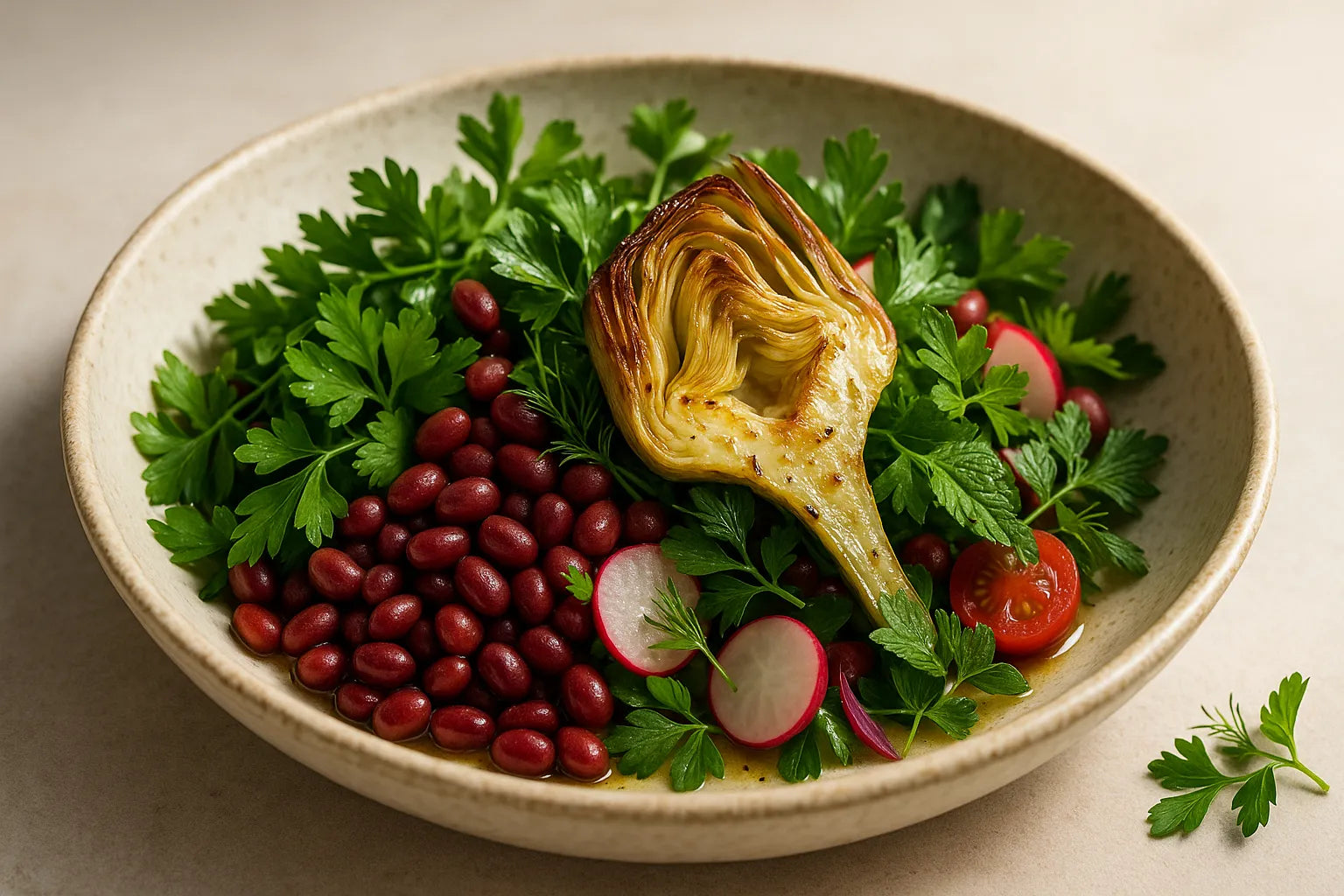Parsley Adzuki Bean Salad with Charred Artichoke