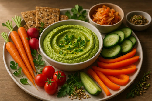 Pea hummus with raw vegetables