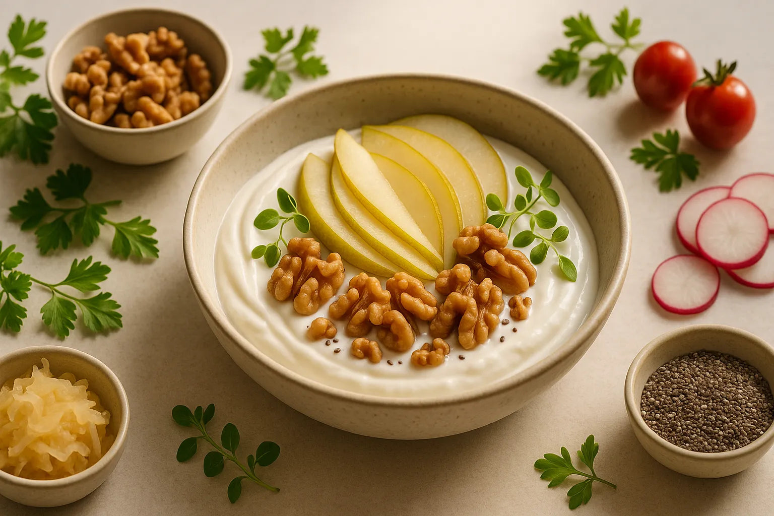 Birne, Walnuss und Joghurt Frühstücksschüssel