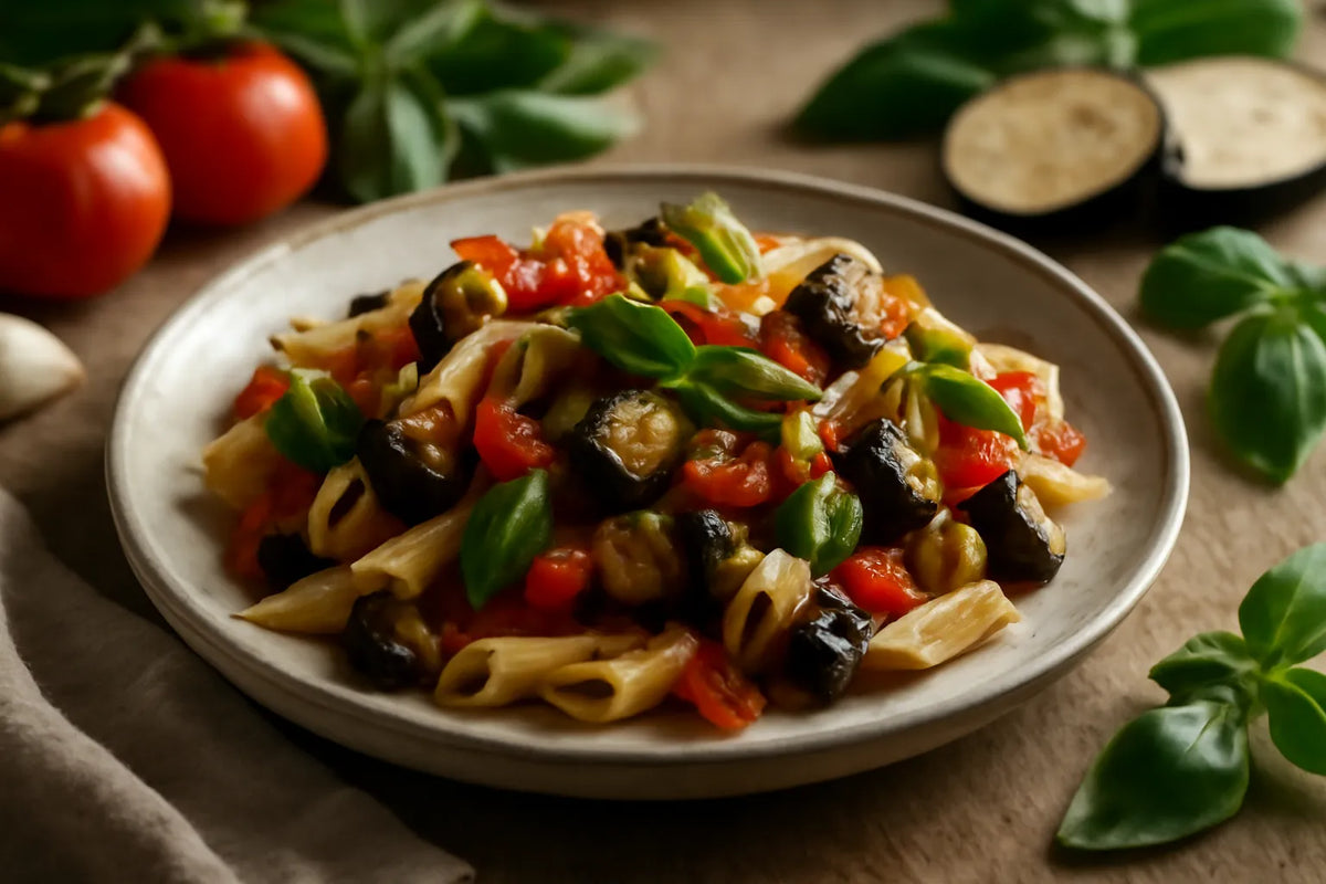 Penne z bakłażanem i pomidorem