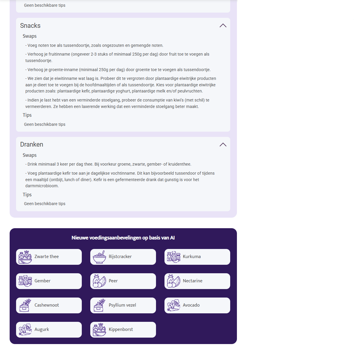 Personalised Food Diary Advice showing snack and drink tips with AI-based new nutrition recommendations