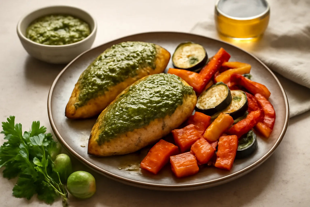 Pesto chicken with roasted vegetables