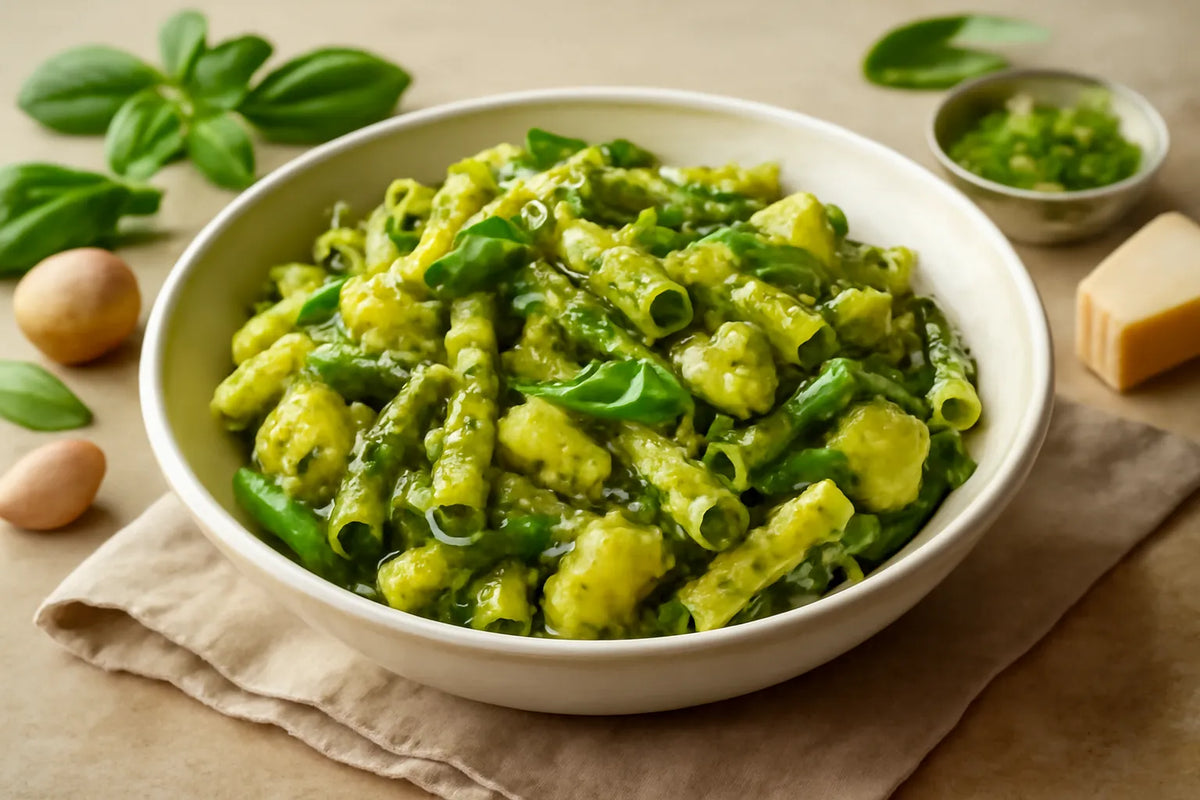 Pâtes au pesto avec haricots verts et pommes de terre