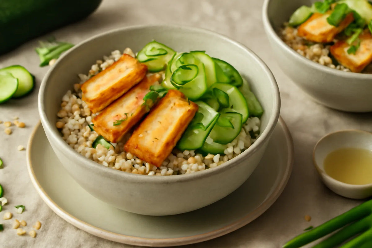 Bowl di orzo, tofu e cetriolo sottaceto