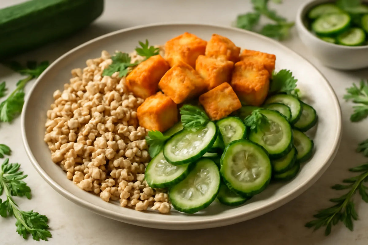 Eingelegte Gurke Tofu-Farro-Bowl