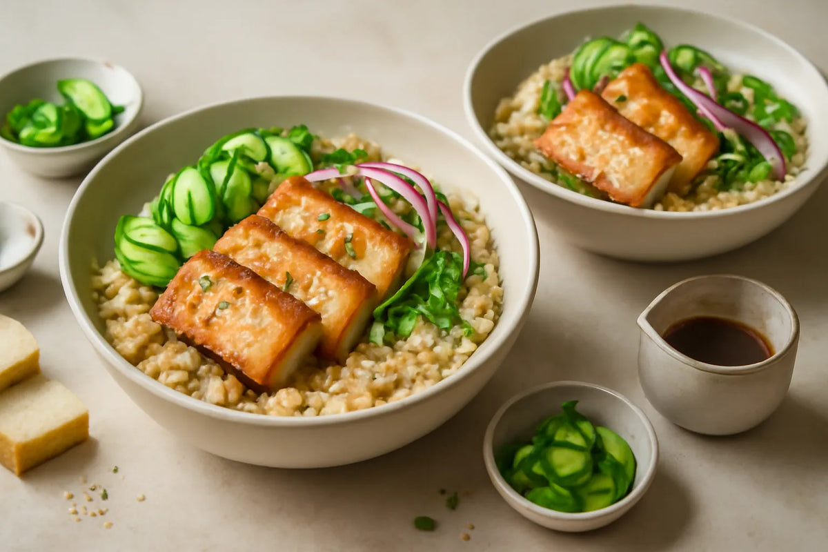 Bowl di tofu e miglio con cetrioli sottaceto