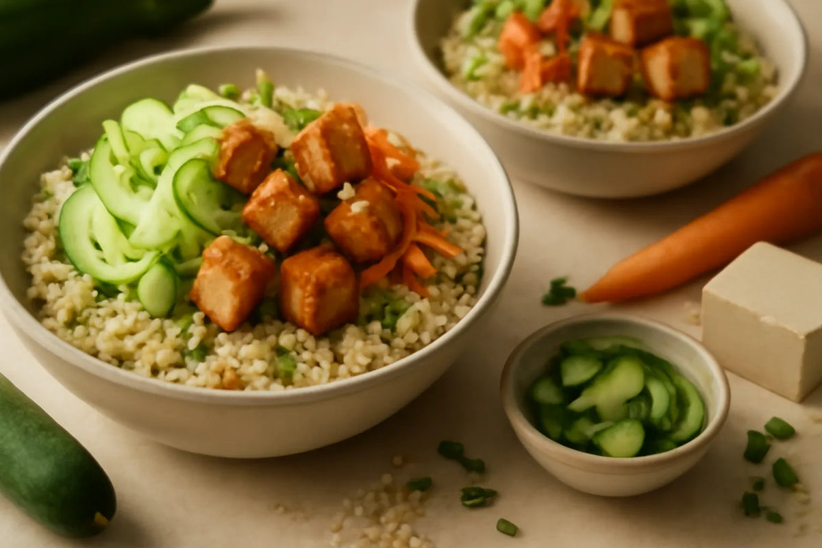 Bowl di quinoa, tofu e cetriolo sottaceto
