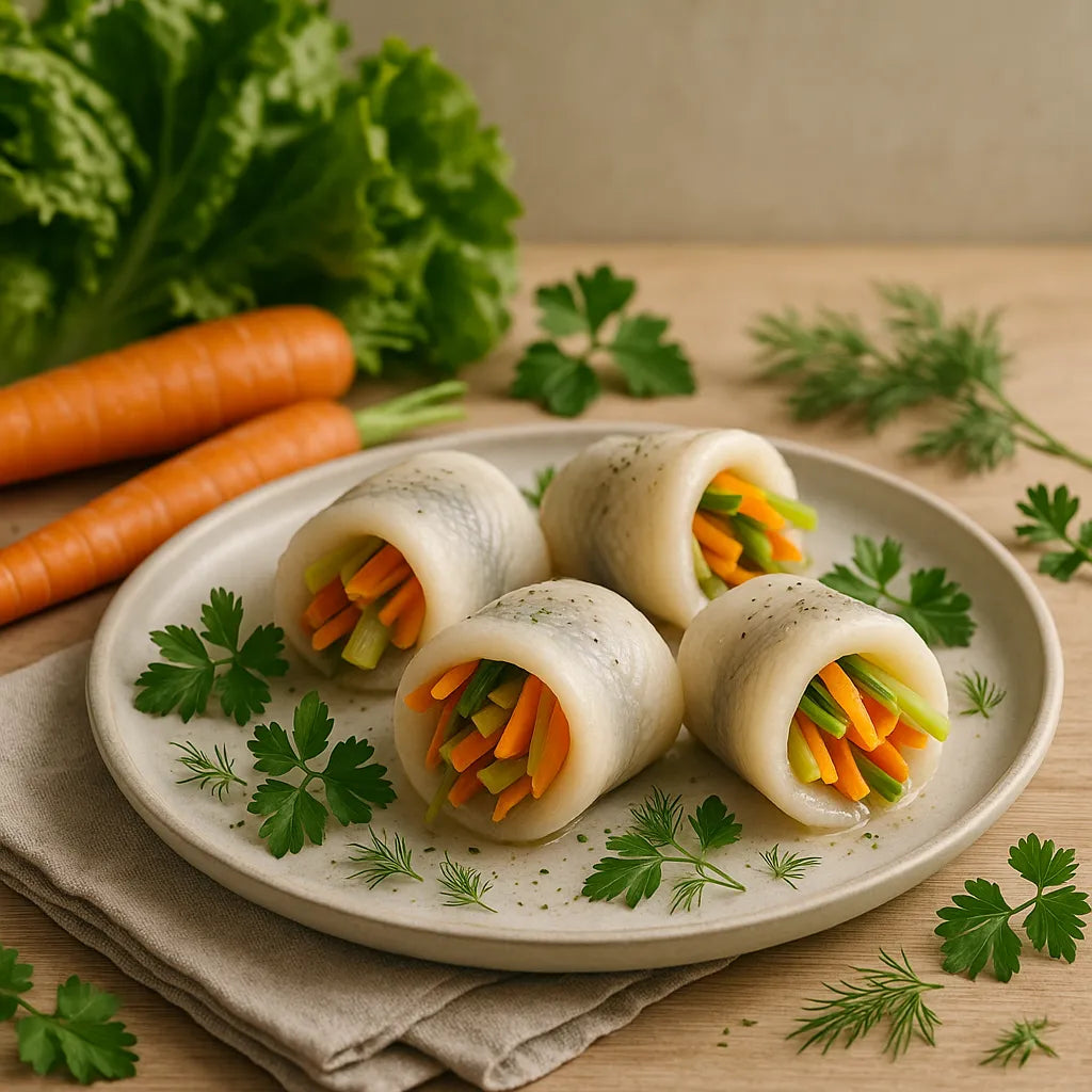 Plaice rolls with carrot and leek