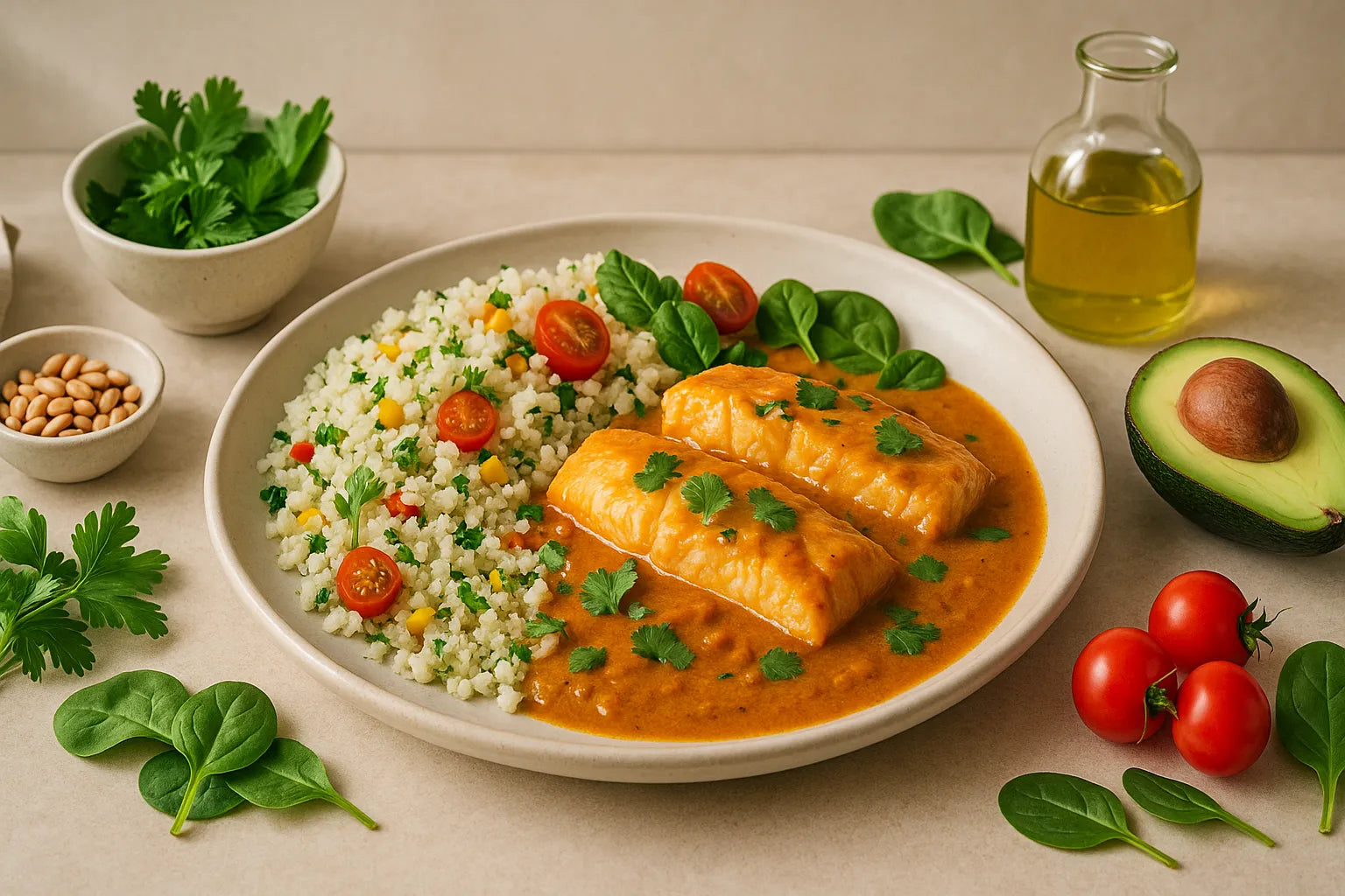 Pollock curry with cauliflower rice