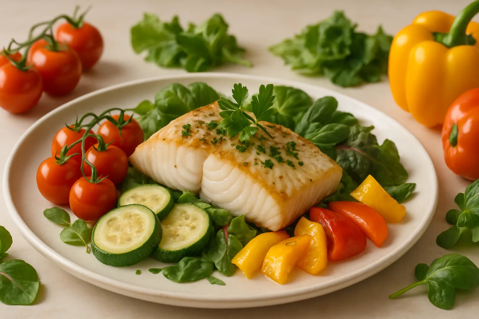Pollock with tomato and zucchini