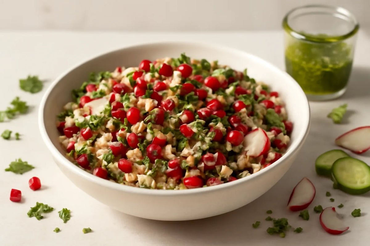 Pomegranate Adzuki Bean Brown Rice Salad with Olive Oil Herb Dressing