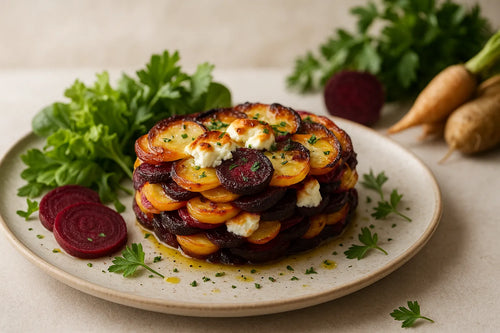 Potato beetroot casserole with goat cheese