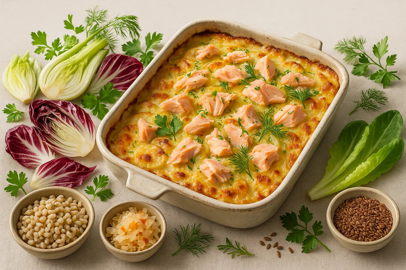 Potato chicory casserole with salmon