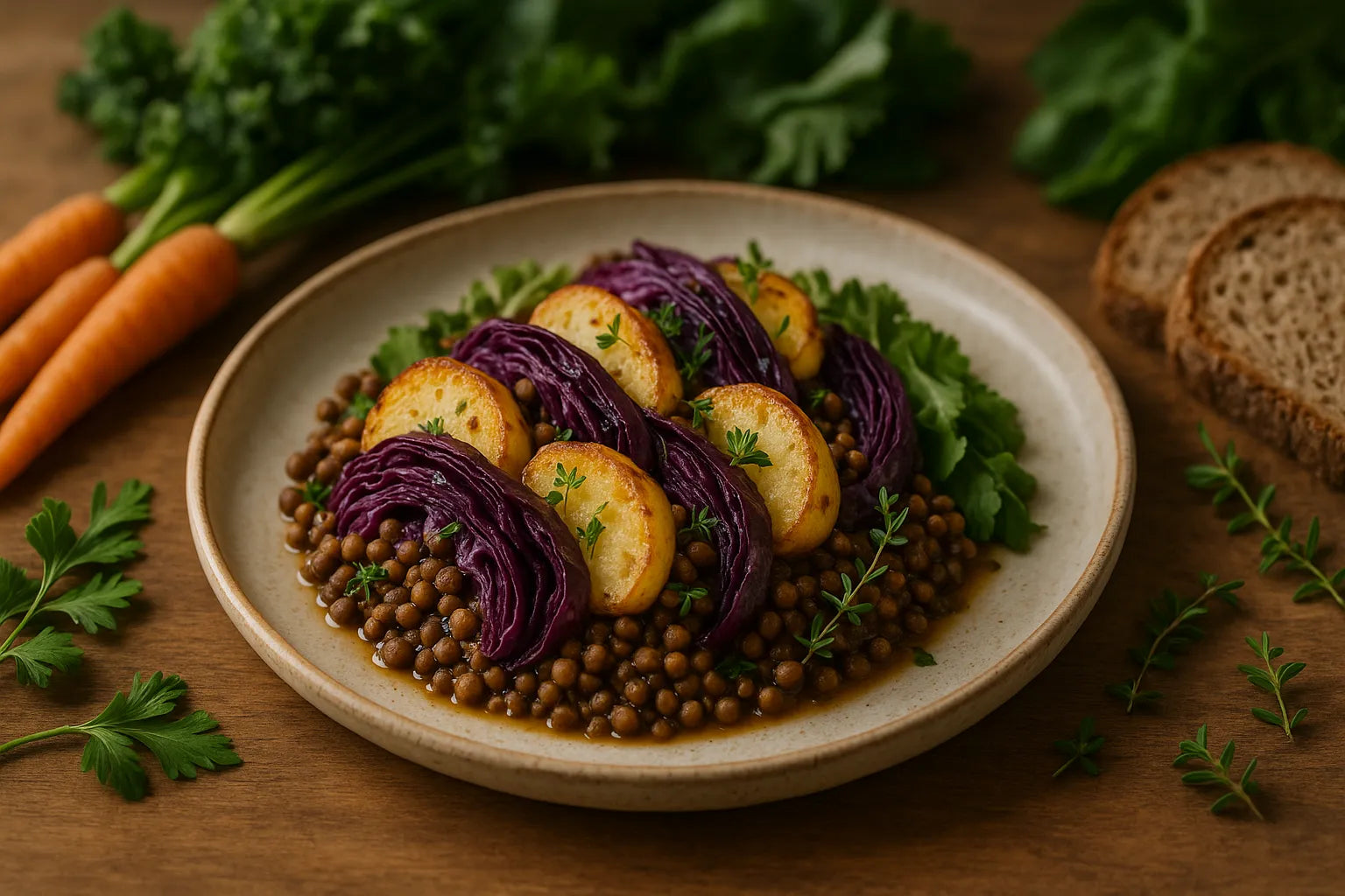Potato red cabbage casserole with lentils