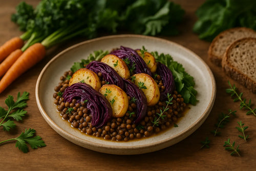 Potato red cabbage casserole with lentils