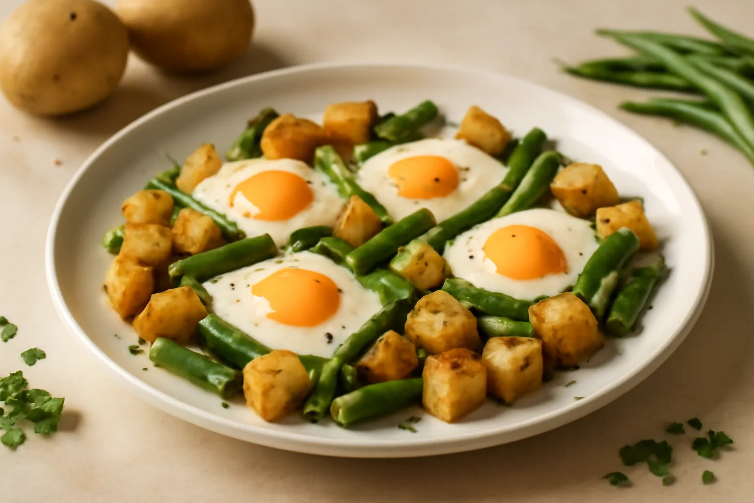 Aardappelen met groene bonen en ei