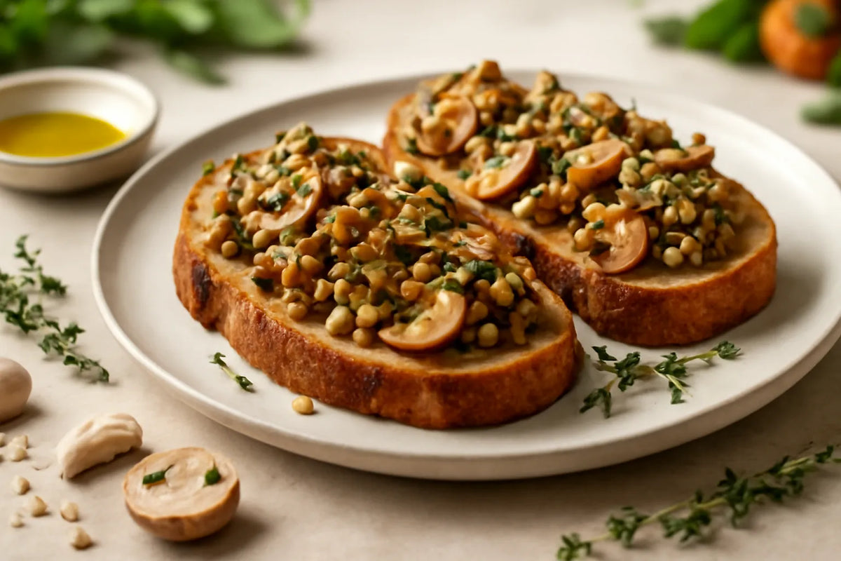 Toast di pane a lievitazione naturale con aglio prebiotico, funghi e orzo