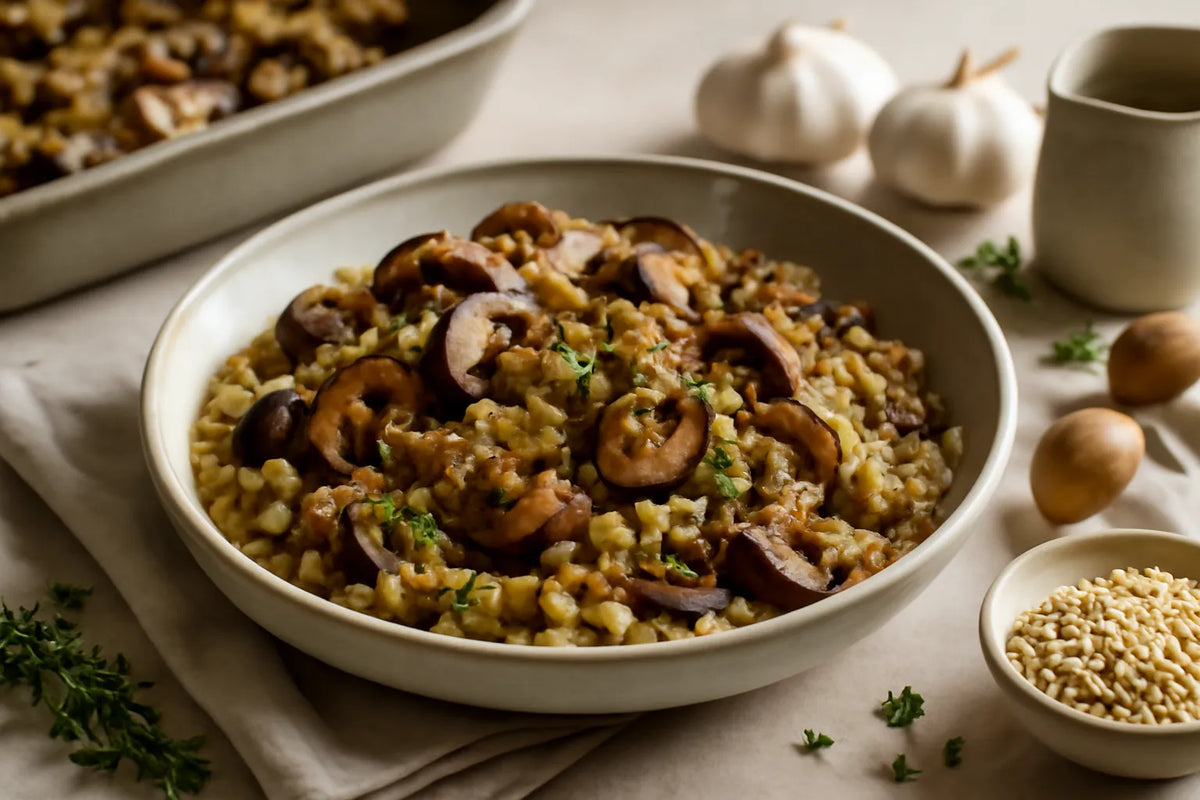 Sformato al forno di orzo, funghi e aglio prebiotico