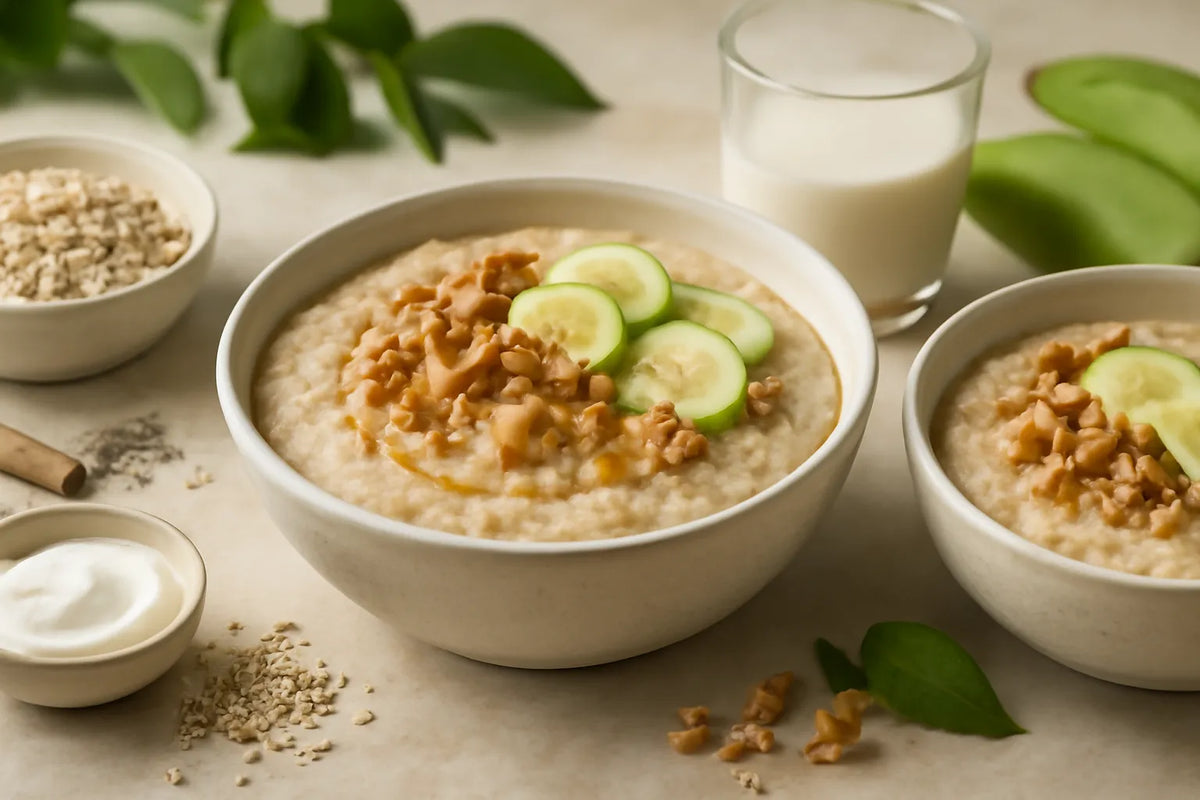 Bowl per la colazione con banana verde, avena e prebiotici