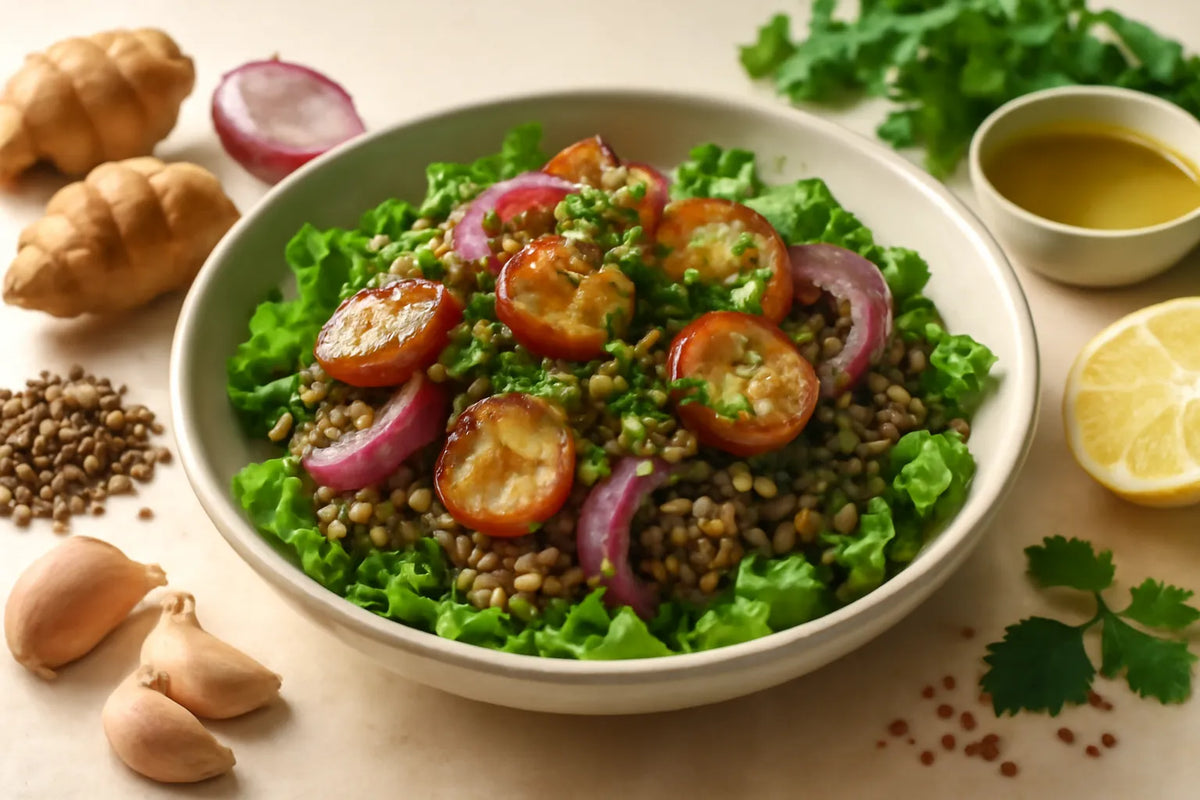 Salade tiède prébiotique de topinambour et de lentilles