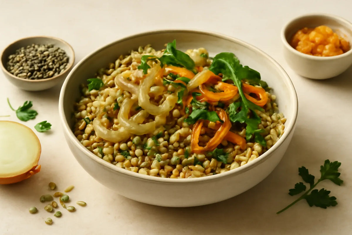Prebiotische Bowl mit Zwiebeln, Linsen und Getreide
