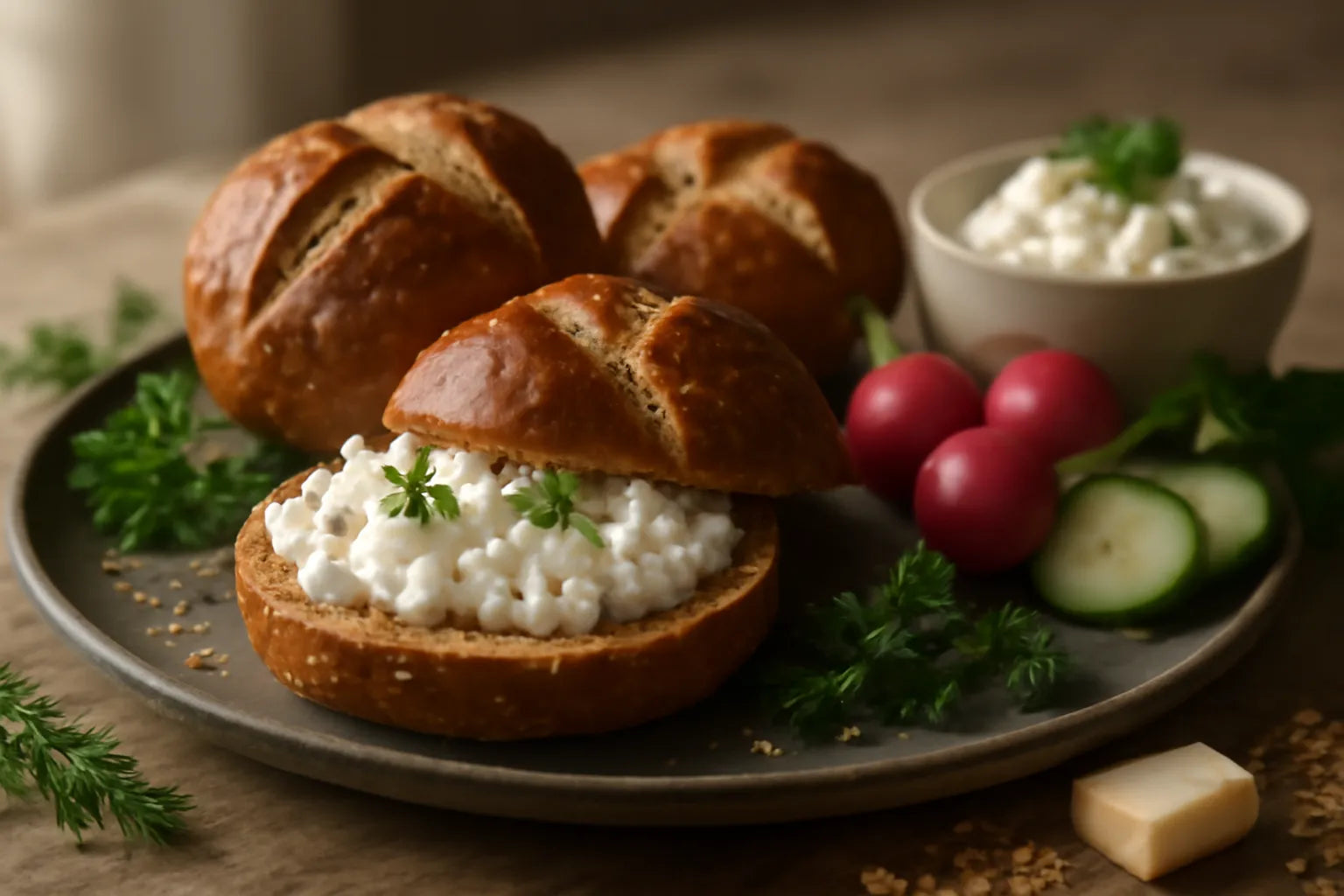 Pretzel-achtige volkorenbroodje met kwark